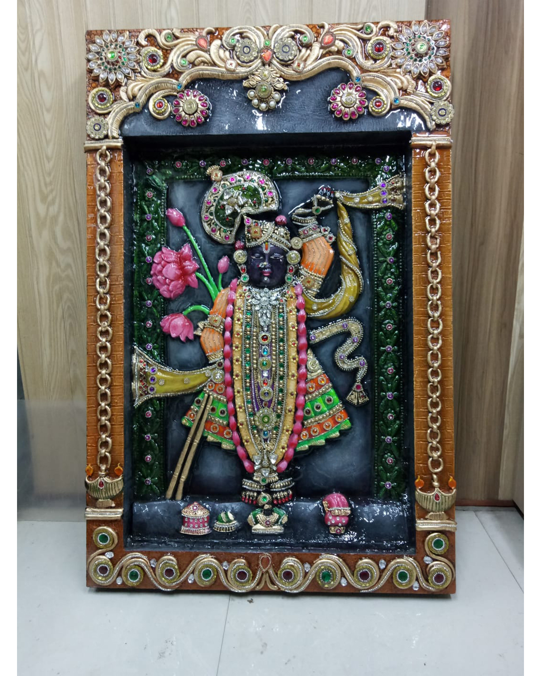 Riddhi Siddhi Art Creations - Ornate Border Gold Embellished Srinathji Shrine Mural